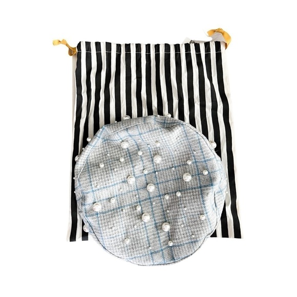 NWT LELE SADOUGHI Gingham Plaid Blue Pearl Embellishment Beret - Picture 4 of 6